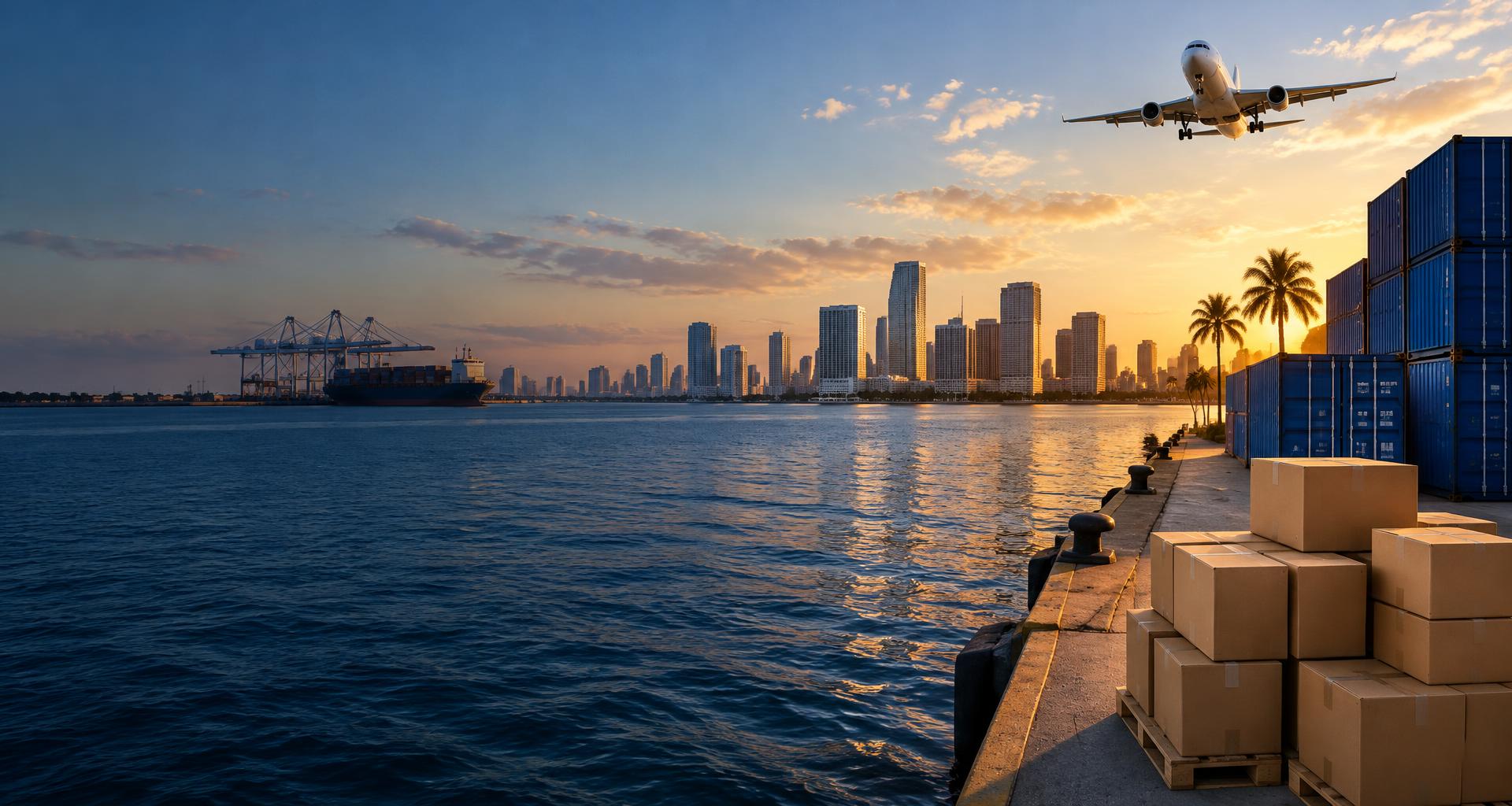 Puerto de Miami con paquetes, contenedores y transporte aéreo